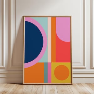 Impressão de arte de parede geométrica moderna de meados do século, impressão abstrata, download instantâneo, impressão moderna colorida, pôster retrô com formas grandes e ousadas