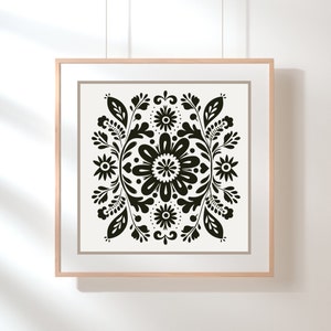 Scandinavian Folk Art Abstract Floral Wall Art Print Flowers Norwegian Modern Farmhouse Boho Decor Print Black