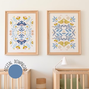 Scandinavian Floral Wall Art Floral Folk Art Flower Print Decorative Norwegian Art Modern Farmhouse Art Nordic Botanical Decor Print Blues