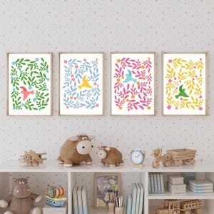 Birds Wall Art, Nursery Wall Art, Kid Wall Art, Fairytale artwork, Baby Shower Gift, Mother Day gift, Playroom art, Cute Kids Wall Art set 4