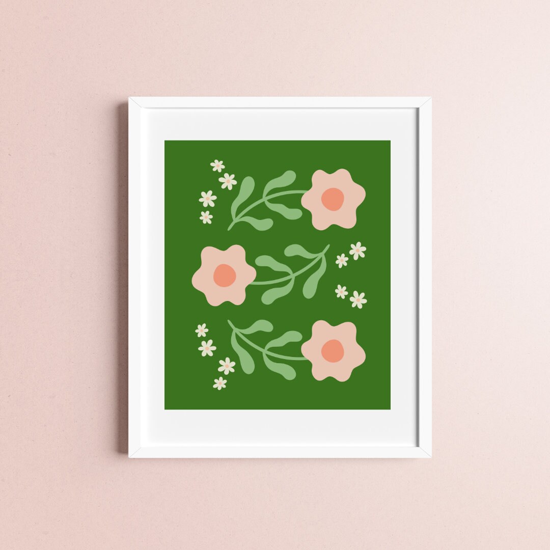 Cute Pink Flowers Wall Art Print Plants Floral Vibrant Bright Modern