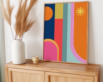 Mid Century Modern Geometric Print: Abstract Colorful Shapes, mcm print, retro wall art,  (Digital Download)