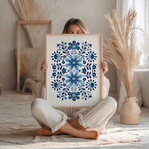 Skandinavische Wandkunst, Blaue skandinavische Wandkunst, Blaue Blumenvolkskunst, nordische Wandkunst, digitaler Download Bauernhaus botanischer Druck