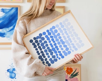 Blue Polka Dot Abstract Art Print: Mid Century Modern Wall Decor