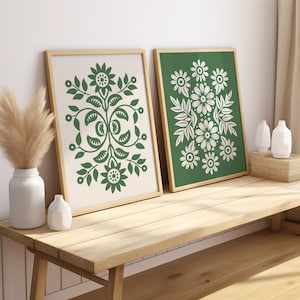 Scandinavian Floral Art Prints: Folk Art Sunflower Decor, Green Scandi Wall Art (Digital Download)