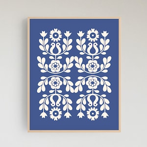 Folk Art Print Wandkunst Digitaldruck Blumen Volkskunst Skandinavische Moderne Bauernhaus Boho Abstrakt schwedische Volkskunst Blaue Vögel