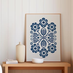 Scandinavian Floral Wall Art Print Flowers Folk Art Norwegian Norway Modern Farmhouse Scandi Decorative Nordic Botanical Decor Print Blues