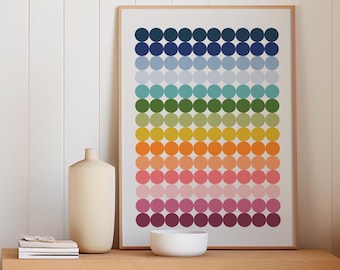 May include: A framed print with a colorful abstract design featuring rows of circles in various shades of blue, green, yellow, orange, pink, and purple.