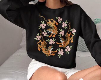 Vintage Tiger Sweatshirt: Women's Floral Safari Crewneck