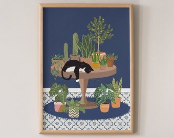 Sleepy Tuxedo Cat Art Print: Maximalist Houseplant Decor