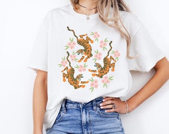 Boho Tiger Graphic Tee, Vintage Botanical Jungle Shirt