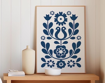 Blue Scandinavian Folk Art Print: Floral Bird Design, Blue Folk Art Print, Scandinavian Wall Art