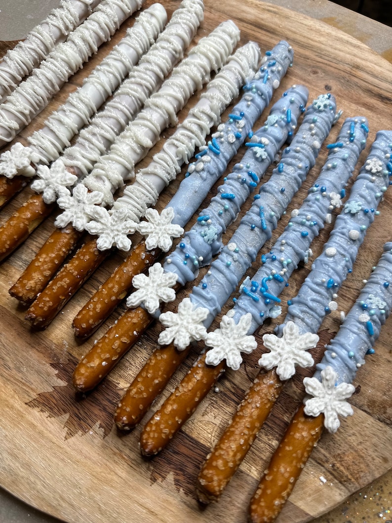 Snowflake Chocolate Dipped Pretzel Rods, Frozen Themed Party Treats