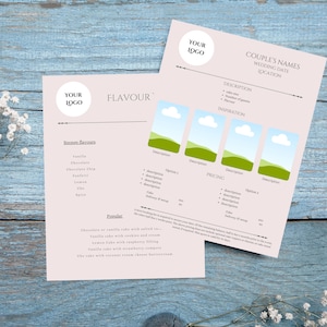 May include: A pink and white wedding cake order form with a logo, a list of cake flavors, and a section for pricing and inspiration. The form includes a section for the couple's names, wedding date, and location.