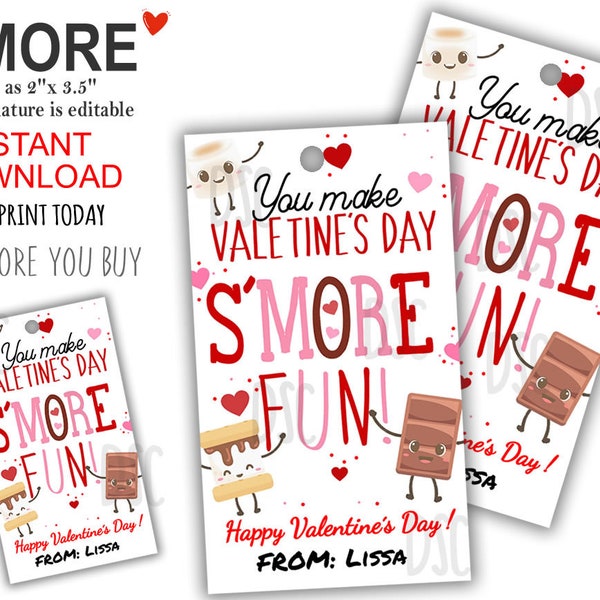 Printable You Make Valentine's Day S'more Fun Gift Tag, School Valentine Treat, S'more Valentine Card Printable, Personalize easy online