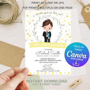EDITABLE First Holy Communion Invitation, DOTS yellow Religious Digital Invite, Printable BROWN Hair Boy Card, Instant Download EFCB3