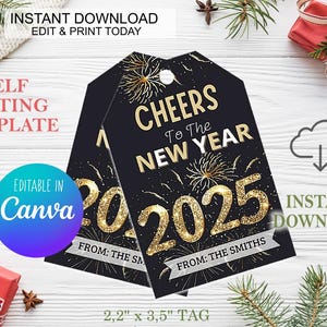 Geschenkanhänger „Frohes Neues Jahr“ zum Ausdrucken, „Cheers to the New Year 2025“-Tags, funkelnder Neujahrsanhänger in Schwarz und Gold, 2025 Silvester-Geschenkanhänger in Schwarz und Gold
