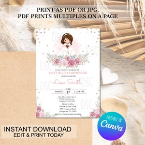 Convite EDITÁVEL para Primeira Comunhão, Convite Digital Religioso Floral Rosa Blush, Cartão para Menina de Cabelo MARROM para impressão, Download Instantâneo EFCG1