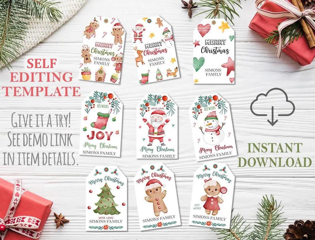 Christmas Gift Tags Templates, Editable Merry Christmas Gift Tags, Watercolor Festive Christmas Gift Tags, Watercolor Christmas Gift Tags CW