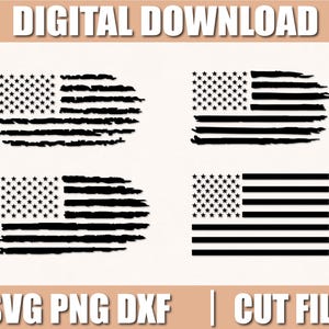 Puede incluir: Cuatro diseños de banderas americanas en blanco y negro con un aspecto envejecido y vintage. Las banderas están en varios estilos, incluyendo una bandera completa y banderas con bordes rasgados. También se muestran las palabras "DIGITAL DOWNLOAD" y "SVG PNG DXF | CUT FILES".