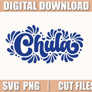 Puede incluir: Gráfico de descarga digital con la palabra "Chula" en una fuente azul estilizada, rodeada de elementos florales decorativos y corazones. El texto "DIGITAL DOWNLOAD" está en la parte superior y "SVG PNG | CUT FILES" en la parte inferior.