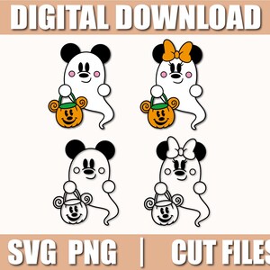 Puede incluir: Descarga digital con cuatro personajes de fantasmas de dibujos animados con orejas de ratón, sosteniendo bolsas de golosinas de calabaza. Dos fantasmas tienen lazos. La imagen incluye el texto "DIGITAL DOWNLOAD" y "SVG PNG | CUT FILES".