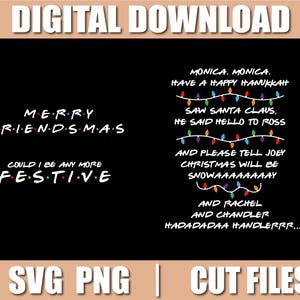 Puede incluir: Gráfico de descarga digital negro con texto blanco. El texto incluye frases como "Merry Friendsmas" y "Could I be any more festive?" El texto adicional incluye saludos festivos y frases de la serie de televisión Friends.