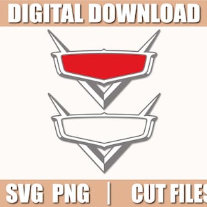 Puede incluir: Gráfico de descarga digital con dos emblemas de coche estilizados. El emblema superior es rojo, el inferior es blanco. Ambos están delineados en gris y sobre un fondo blanco. También está presente el texto "DIGITAL DOWNLOAD" y "SVG PNG | CUT FILES".