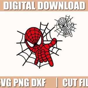 Op de afbeelding: Een digitale download afbeelding met een rood Spider-Man ontwerp met een web. De afbeelding bevat de tekst "DIGITALE DOWNLOAD" bovenaan en "SVG PNG DXF | SNIJBESTANDEN" onderaan. Geschikt voor diverse knutselprojecten.