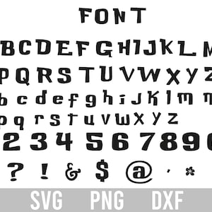 Puede incluir: Alfabeto de fuente en blanco y negro con letras mayúsculas y minúsculas, números y símbolos. La fuente es negrita y de bloque. También se incluye el texto "FONT", "SVG", "PNG" y "DXF".