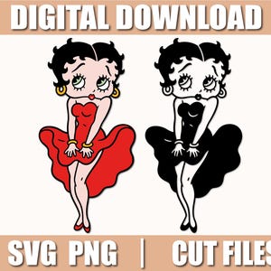 Puede incluir: Descarga digital con dos ilustraciones de Betty Boop. Una en rojo, la otra en negro. La imagen incluye el texto "DIGITAL DOWNLOAD" en la parte superior y "SVG PNG | CUT FILES" en la parte inferior.