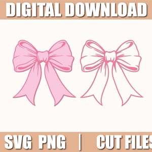 Puede incluir: Dos lazos rosas, uno sólido y otro delineado, se muestran sobre un fondo blanco. Los lazos tienen colas largas y fluidas. Las palabras "DESCARGA DIGITAL" y "SVG PNG | ARCHIVOS DE CORTE" están arriba y abajo.
