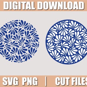 May include: Two circular designs with a floral pattern in blue and white. The text "DIGITAL DOWNLOAD" is at the top, and "SVG PNG | CUT FILES" is at the bottom. The designs are on a light gray background.