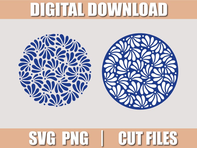 May include: Two circular designs with a floral pattern in blue and white. The text "DIGITAL DOWNLOAD" is at the top, and "SVG PNG | CUT FILES" is at the bottom. The designs are on a light gray background.