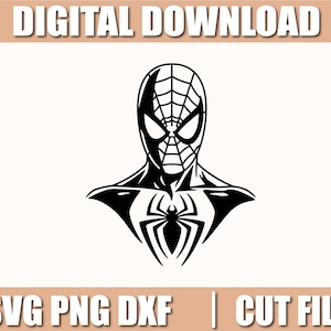 Op de afbeelding: Zwart-wit digitale download van Spider-Man. De afbeelding toont het hoofd en de schouders van het personage, met het iconische webmasker en het spinnenembleem. Tekst bovenaan luidt "DIGITALE DOWNLOAD" en onderaan "SVG PNG DXF | SNIJBESTANDEN".