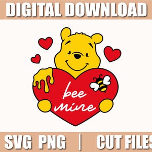 Puede incluir: Un oso de dibujos animados amarillo sosteniendo un corazón rojo con el texto "bee mine" y una pequeña abeja en el corazón. Hay tres corazones rojos en el fondo.