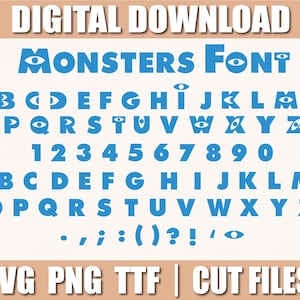 Könnte beinhalten: Ein digitaler Download einer Schriftart namens "Monsters Font". Die Schriftart ist blau und enthält in einigen Buchstaben ein stilisiertes Auge. Die Schriftart umfasst Großbuchstaben, Zahlen und Satzzeichen.