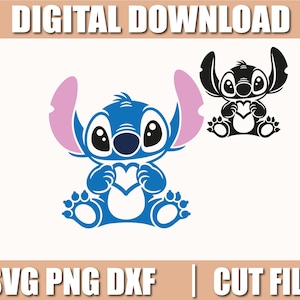 Puede incluir: Descarga digital con dos diseños de personajes de dibujos animados. Uno es azul con orejas rosas, sosteniendo un corazón. El otro es una silueta negra del mismo personaje. El texto en la parte superior dice "DESCARGA DIGITAL". Debajo, el texto dice "SVG PNG DXF | ARCHIVOS DE CORTE".