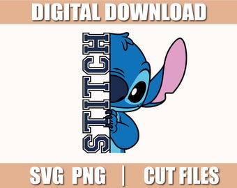Puede incluir: Gráfico de descarga digital con el personaje Stitch de Lilo & Stitch. El personaje azul es parcialmente visible, sosteniendo la palabra "STITCH" en una fuente vertical de estilo universitario. La imagen incluye el texto "DESCARGA DIGITAL" y "SVG PNG | ARCHIVOS DE CORTE".
