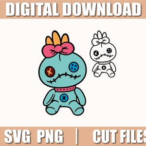 Puede incluir: Gráfico de descarga digital que presenta una muñeca vudú de dibujos animados en turquesa, con un lazo rosa, detalles en naranja y detalles cosidos. Una versión más pequeña en blanco y negro está al lado. El texto en la parte superior dice "DESCARGA DIGITAL".