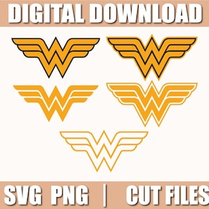Puede incluir: Descarga digital con cinco variaciones del logotipo de Wonder Woman en amarillo y negro. Los logotipos son de diferentes estilos, con el texto "DIGITAL DOWNLOAD" en la parte superior y "SVG PNG | CUT FILES" en la parte inferior.