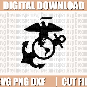 May include: Black and white silhouette of the United States Marine Corps emblem. The emblem features an eagle perched on top of a globe, with an anchor on either side.