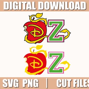 Könnte beinhalten: Digitaler Download-Grafik mit einem roten Apfel mit einem Biss, einem gelben Stiel und dem Buchstaben "D" im Inneren. Der Buchstabe "Z" ist grün mit rosa Umrandung. Der Text "DIGITAL DOWNLOAD" und "SVG PNG | CUT FILES" befinden sich oben und unten.
