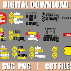 Puede incluir: Una descarga digital de 10 archivos de corte SVG y PNG con varios diseños con el signo de dólar, texto y estrellas. Los diseños incluyen "The Price is Right", "Come on Down", "I Bid One Dollar", y "The Price is Wrong Bitch".