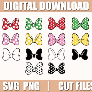 May include: Set of 12 digital cut files featuring various polka dot bow designs in red, pink, yellow, green, black, and white.  SVG PNG CUT FILES.