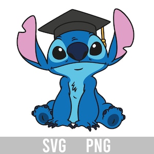May include: A blue cartoon character wearing a black graduation cap with a gold tassel. The character has large, round eyes and a wide smile. The character is sitting with its legs crossed and its arms folded.