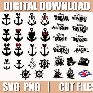 Puede incluir: Un gráfico de descarga digital con varios diseños de anclas negras, algunos con orejas de Mickey Mouse y lazos rojos. También incluye siluetas de cruceros de Disney y texto: "DESCARGA DIGITAL", "SVG PNG | ARCHIVOS DE CORTE".