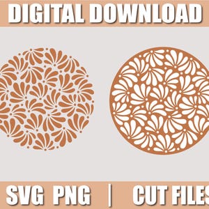 May include: Two circular designs with floral patterns in shades of brown and white. The text "DIGITAL DOWNLOAD" is at the top, and "SVG PNG | CUT FILES" is at the bottom. These designs are suitable for digital crafting projects.