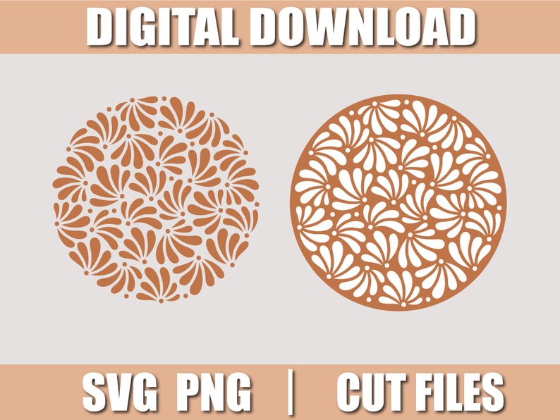 May include: Two circular designs with floral patterns in shades of brown and white. The text "DIGITAL DOWNLOAD" is at the top, and "SVG PNG | CUT FILES" is at the bottom. These designs are suitable for digital crafting projects.