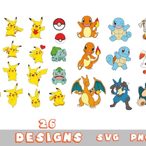 Puede incluir: Un conjunto de 26 diseños de personajes de Pokémon en formato SVG y PNG. Los diseños incluyen Pikachu, Charmander, Bulbasaur, Squirtle y más.
